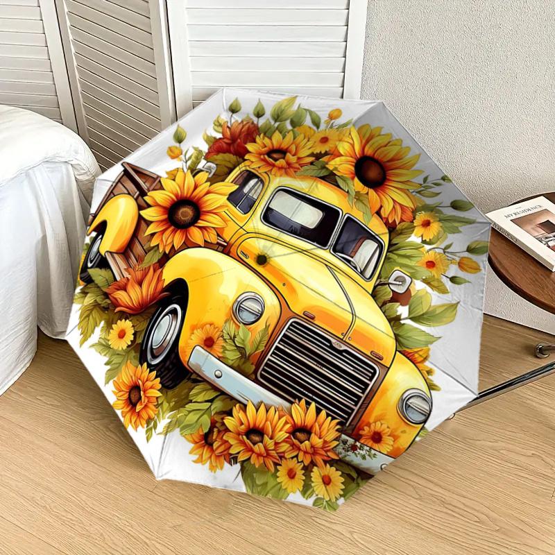 Sunflower Pickup Truck with Automatic Opening Umbrella - Portable Folding Design, 8-Bone Iron Frame Outdoor Umbrella, Ideal Gift for Fans, T