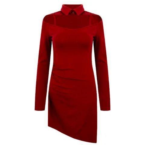 American Retro Sexy Red Lapel Long-sleeved Dress Women's Spring New Spice Girl Slim and Thin Hip Skirt