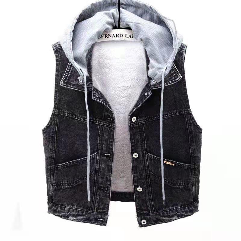 Women's Lamb Wool Velvet-Lined Denim Vest: Autumn/Winter, Loose-Fit, Sleeveless, Short Waistcoat.