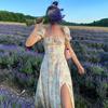 Sommer Damen Französisches Frisches Florales Midi-Kleid, Quadratischer Ausschnitt Kurzarm Lässiges Kleid für Europäische Amerikanische Damen