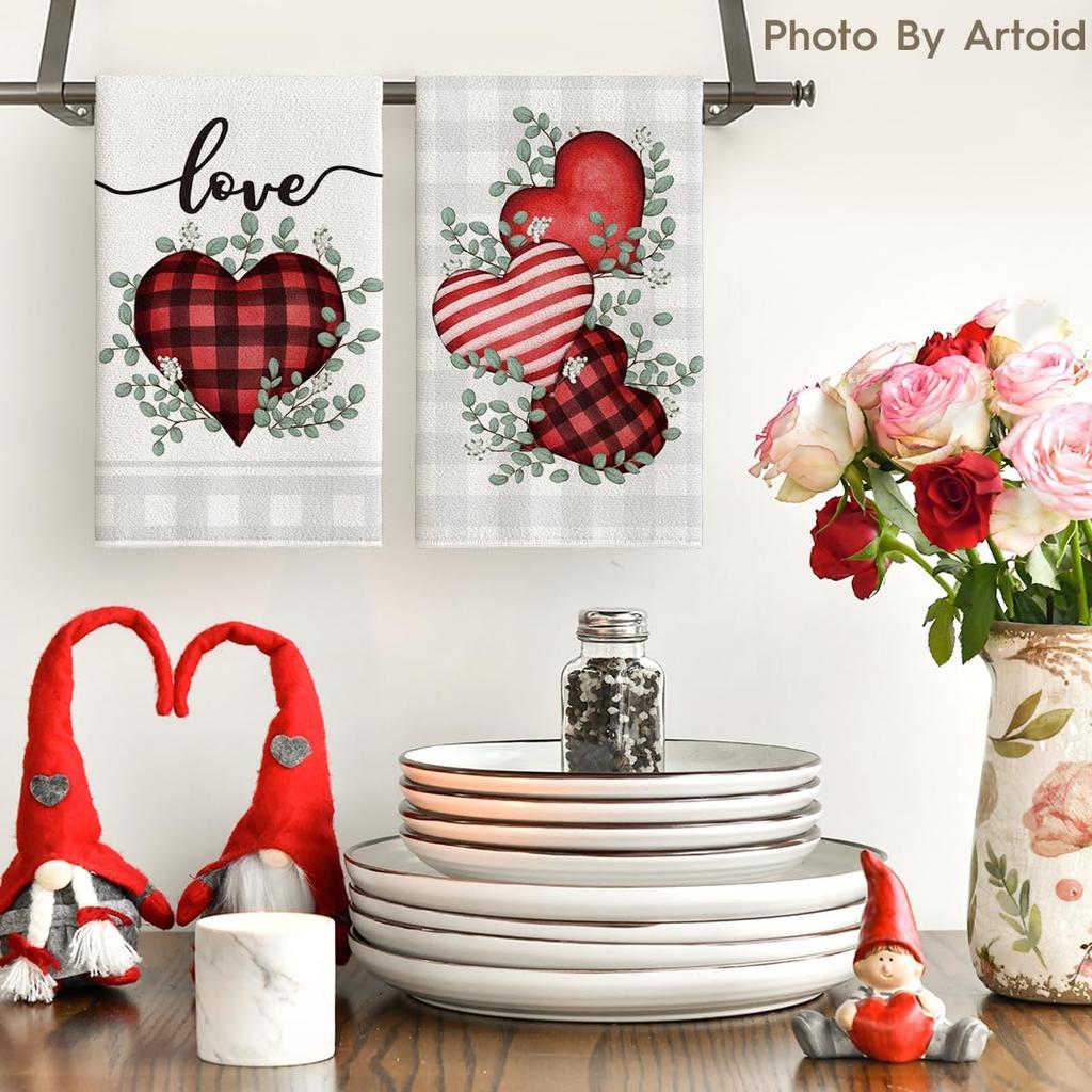 Artoid Mode Red Buffalo Plaid Heart Love Valentine's Kitchen Towels Dish Towels, 18x26 Inch Anniversary Wedding Decoration Hand Towels Set of 2