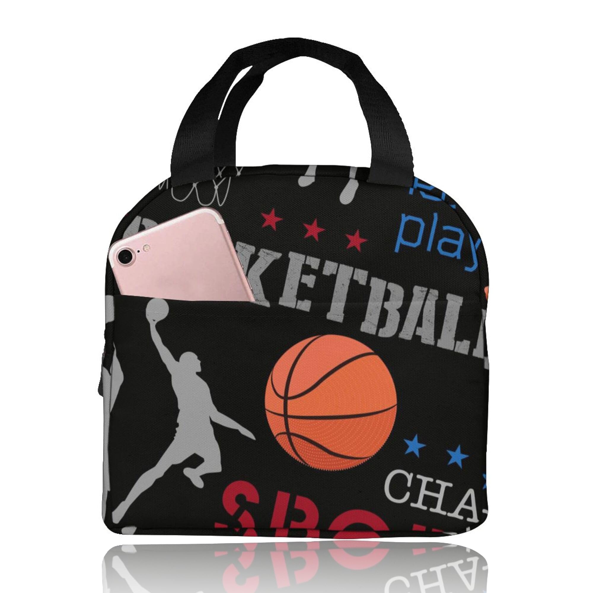 

Insulated Lunch Bag with Basketball English Lunch for Large Easy to Carry Design, Black, Print, Handbag, Pocket, Box, Commuting, School, Picnics, Men,