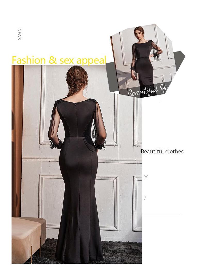 Elegant European Mesh Beaded Long Sleeve Hepburn Style Evening Party Gown