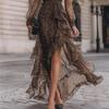 Leopard Print V-neck Long Sleeve Waist-cinching Ruffle Elegant Dress - 2026 Collection
