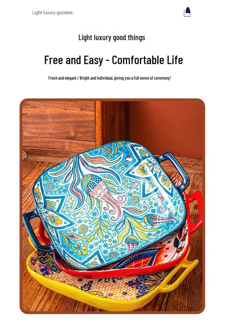 Bohemian Čtvercový keramický jídelní talíř se dvěma uchy - Kreativní, Trendy miska na ovoce