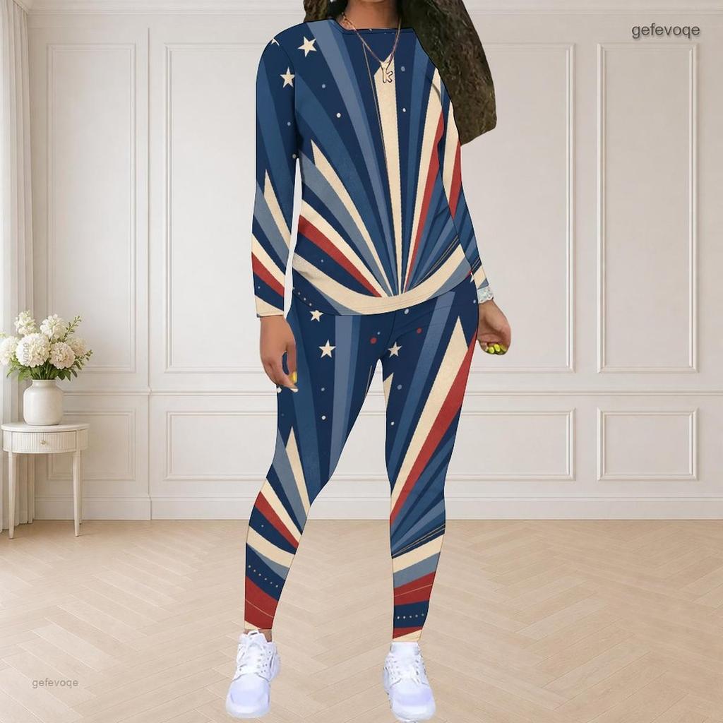 Women Plus Size Round Neck Long Sleeve Star Printed Top Fitted Pants Two Piece Set