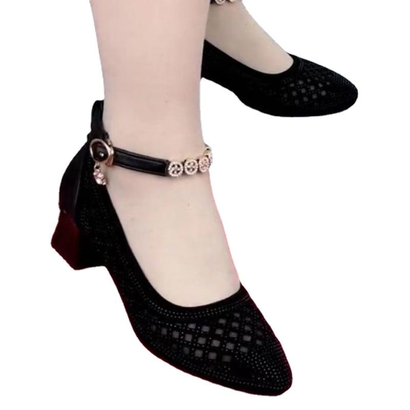 

Женские туфли на каблуке с ремешком на щиколотке, летние туфли в стиле ретро с блестками, дышащие, для женщин, для офиса, на низком каблуке, женские туфли-лодочки 40 чёрный