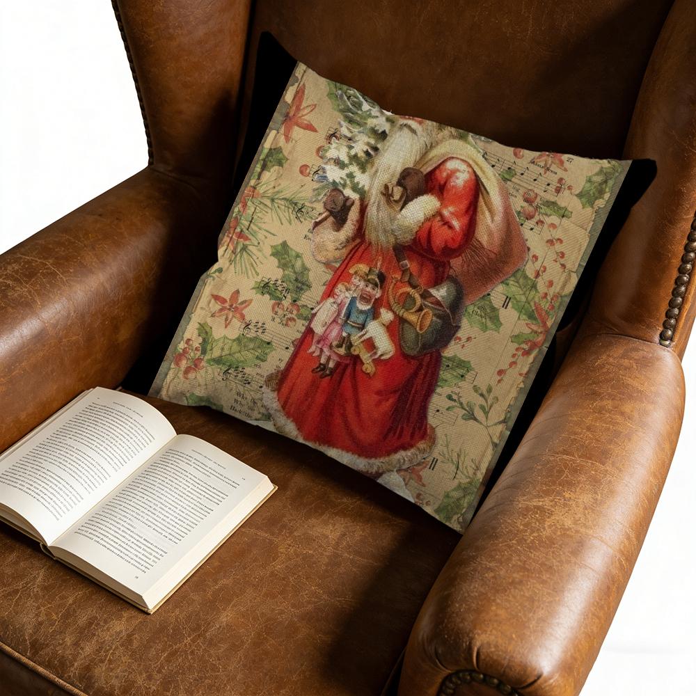 1Pc Vintage Style Cushion Cover Red Santa Claus Print Pillowcase For Sofa Bed Decorative Throw Case 45X45Cm
