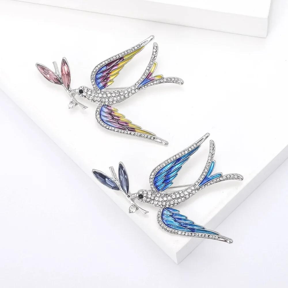 Exquisite Fashion Full Zircon Enamel Swallow Bit Branch Brooches for Women Creativity Crystal Bird Pin Party Jewelry Accessory