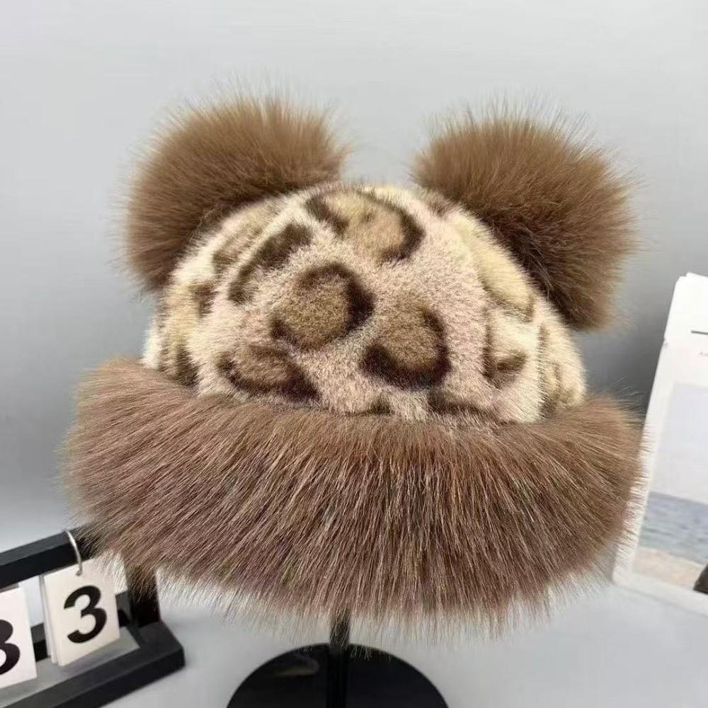 With Ear Lovely Women's Cap Leopard Print Warm Fluffy Faux Fur Bucket Hat Ear Protection Cap