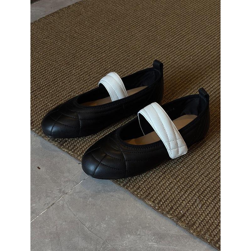 Schafsleder Koreanische Version von Retro-Farbblock Mary Janes Damenklettverschluss Leichtmündige Einzelne Schuhe Sanfte runde Spitze Flache Ballerinas