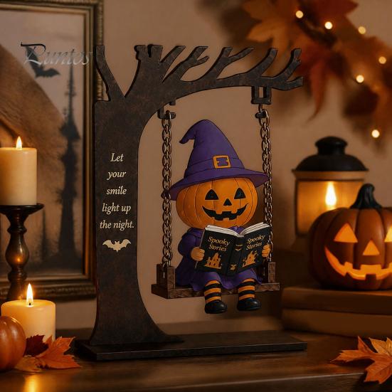 Spooky Halloween Party Supplies Funny Swing Ornament, Witch/Skeleton/Mummy/Pumpkin Ghost Sitting on Indoor Outdoor Decorations Reading Book