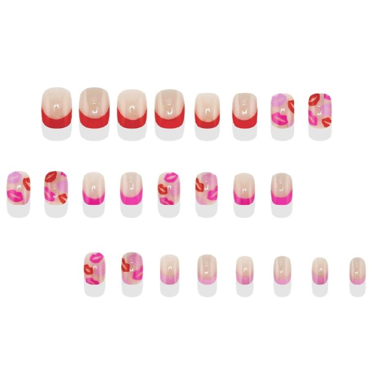 Press On Nail Short Almond Fake Nail French Full Cover Acrylic False Nail Valentine Design Fake Nail for Women and Girls