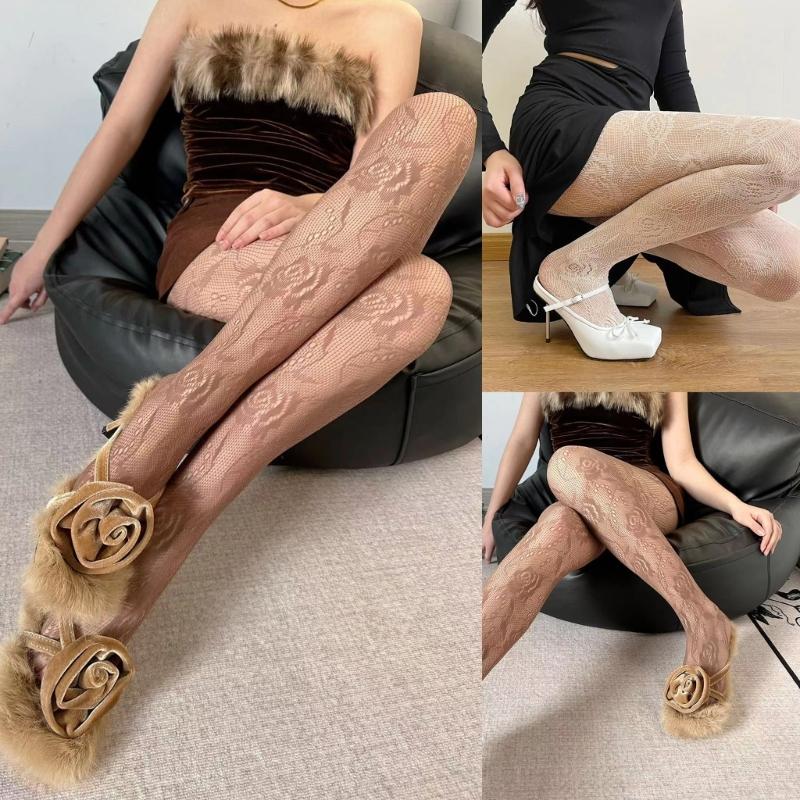 Women Chinese Style Sexy Hollowed Sheer Fishnet Pantyhose Rose Flower Jacquard Patterned Vintage Leggings Mesh Tights