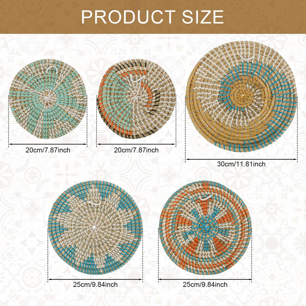 5 ks Boho nástěnný košík Dekorace Závěsný tkaný nástěnný košík Dekorativní ručně vyrobená nástěnná dekorace Mosazný košík Kulaté mořské trávy nástěnné umění