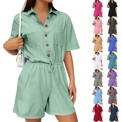 Women's Fashion V-neck Jumpsuit Plaid Casual Short Sleeve Top Jumpsuit