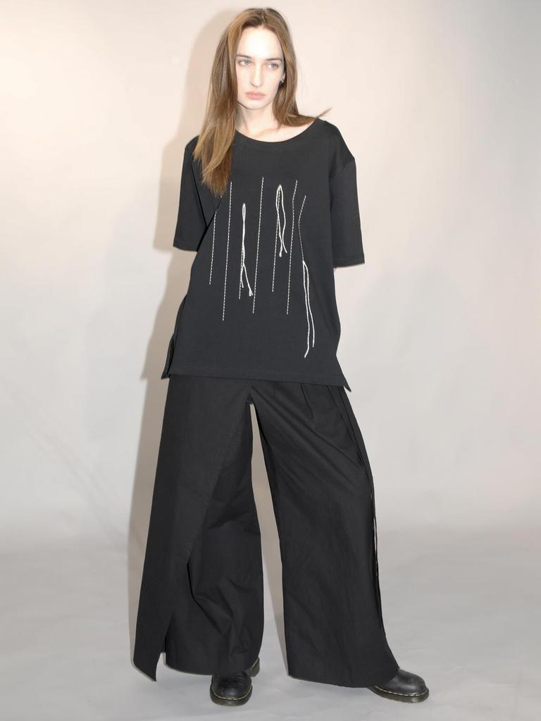 Jinhosyou Wrap-Over Wide Tuck Pants Black With Strap Detail