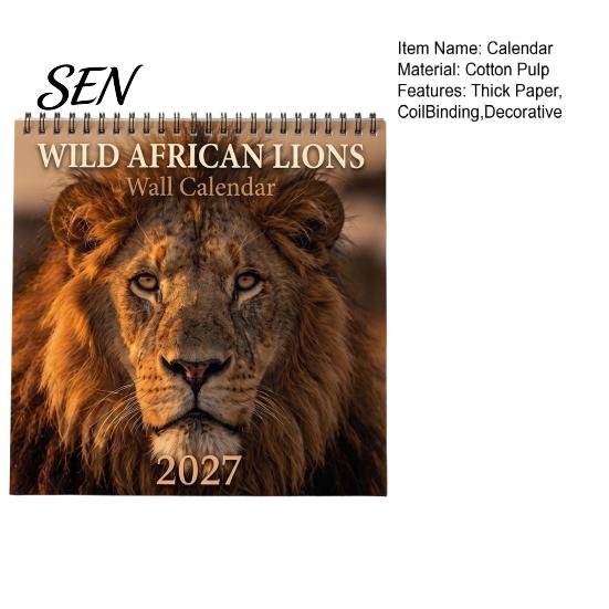 Thick Paper Wall Hanging 2027 African Lion Calendar, 12-Month Wildlife Photography Planner with Durable Metal Coil Binding Binding, for Home