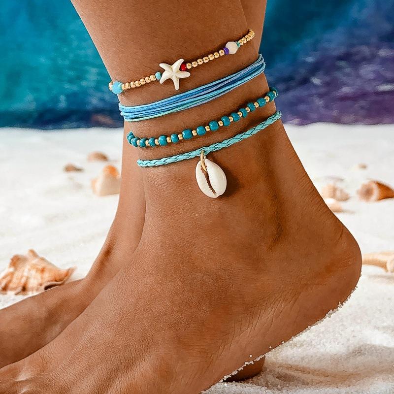 Bohemian Starfish Shell Colored Rice Bead Anklet Set, Beach Wind Starfish Beaded Feet Decoration Women