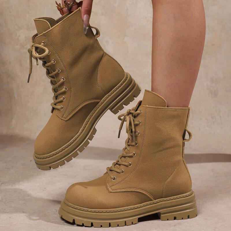 Fashion Casual Thick Bottom Khaki Ankle Boots 2025 Winter Lace Up Women's Combat Boots with Platform Non Slip Hiking Shoes for Women