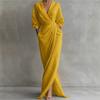 YYFS Mode femme été printemps couleur unie imprimé manches 3/4 col en v taille haute robes décontractées