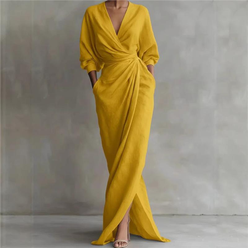 YYFS Mode femme été printemps couleur unie imprimé manches 3/4 col en v taille haute robes décontractées
