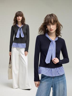 Damen Karo Colorblock Zweiteiliger College-Stil Langarm Strickjacken-Top (2025 Herbstausgabe)