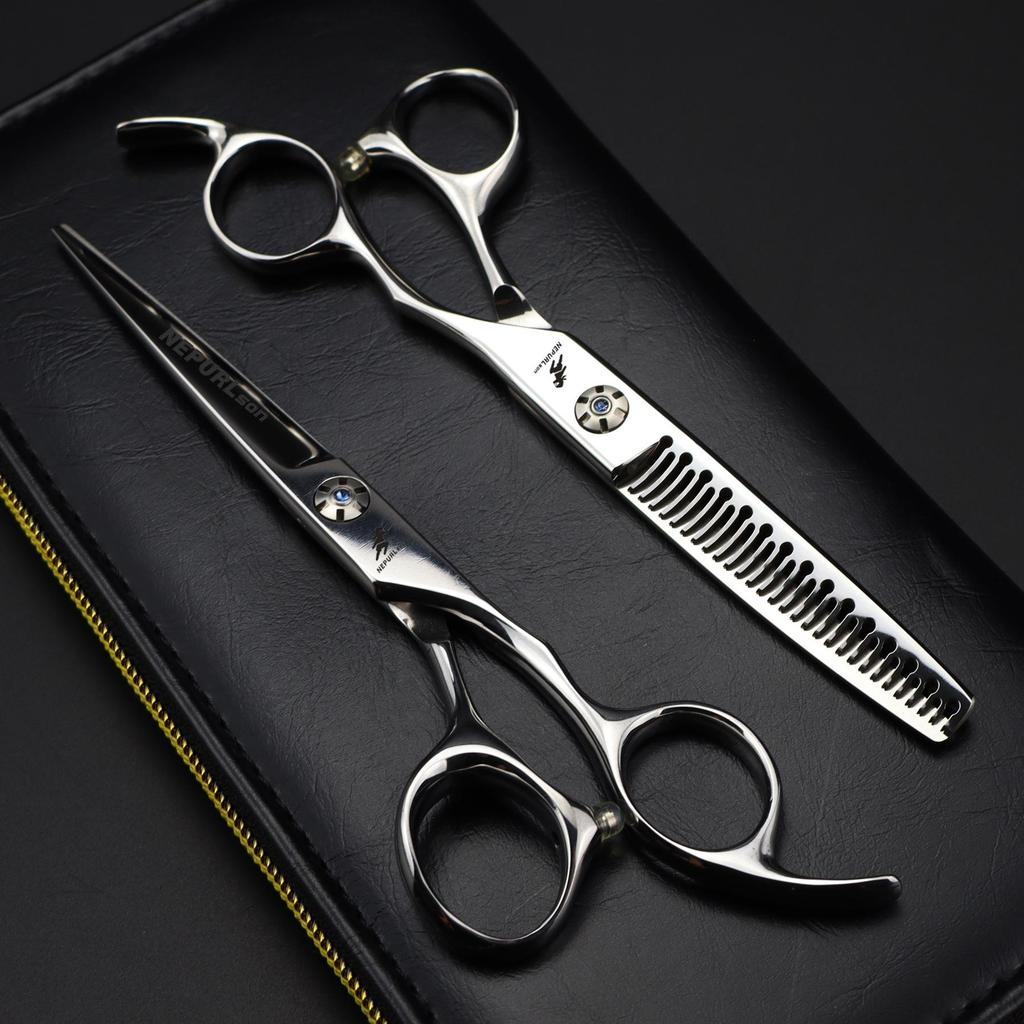 6.0-inch Napson Offset Thinning & Serrated Hairdressing Scissors with Carved Screws