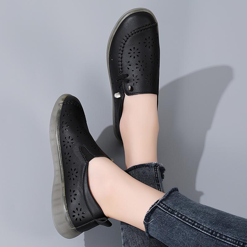 35-41 Women's Large Breathable Fashion Flat Leather Shoes with Hollow Out Shoes White Shoes Lefu Shoes