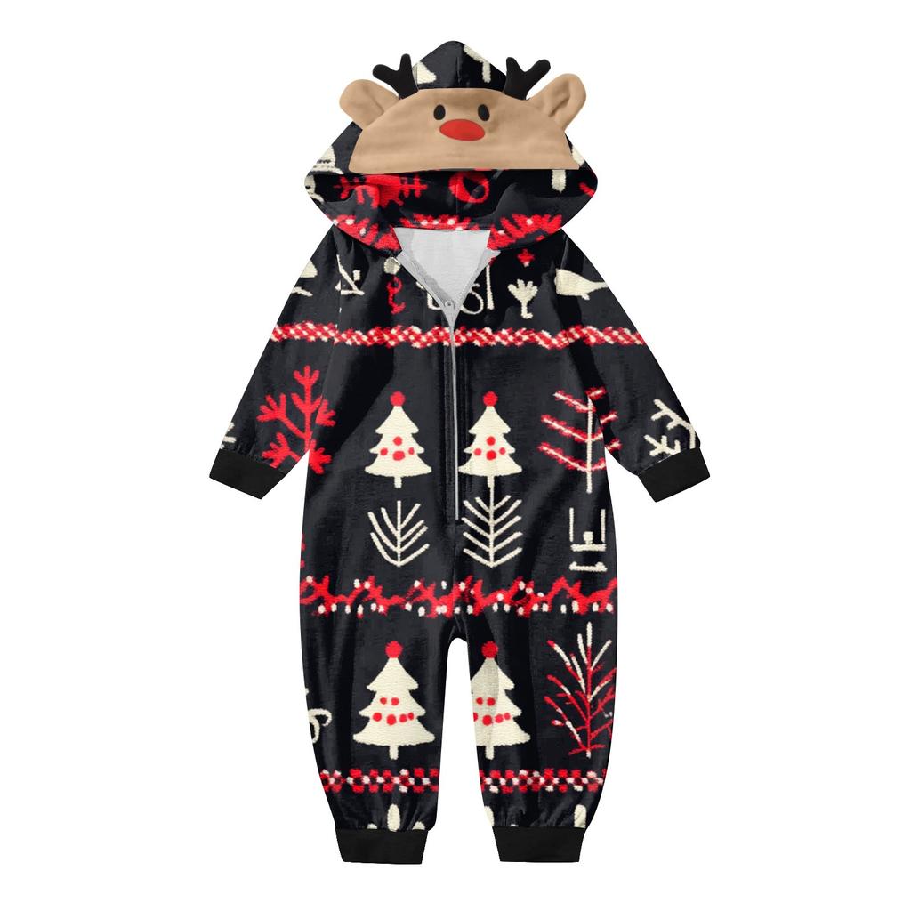 Christmas Print Family Matching Hooded Long Sleeved Zippered Jumpsuit Set