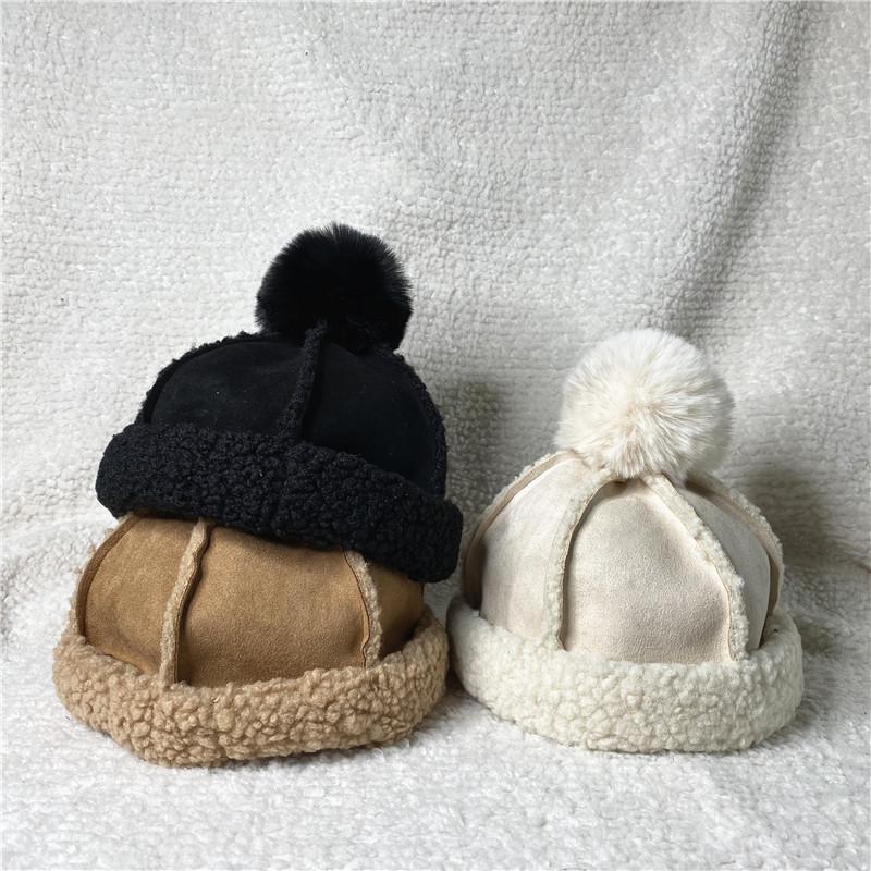 Lamb Wool Warm Hairball Melon Hat Winter Suede Couple Plush Hat Women