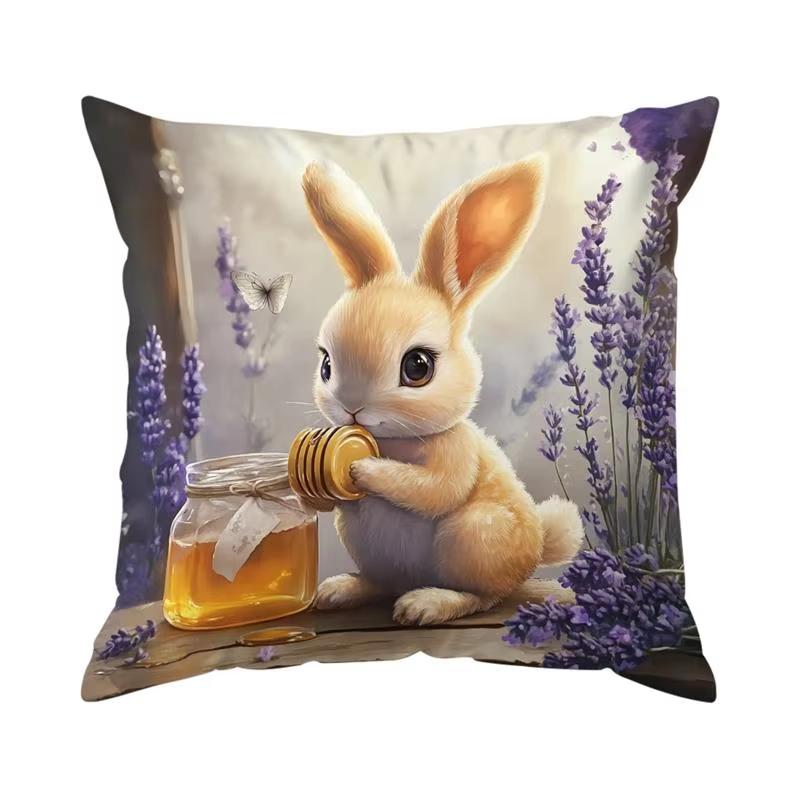 

Easter Bunny Embrace Egg Print Pillow Cover Square White Brown Rabbit Cushion Case for Spring Sofa Bedroom Home Decor 45cmx45cm
