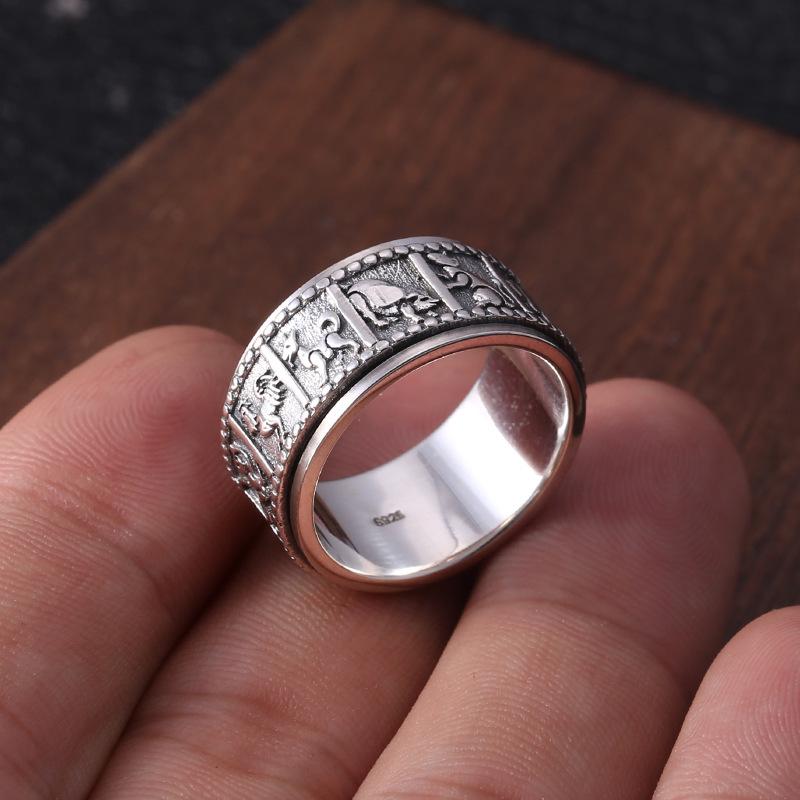 Men's Rotating Index Finger Ring - S925 Sterling Silver, Retro Thai Style, Fashionable Jewelry