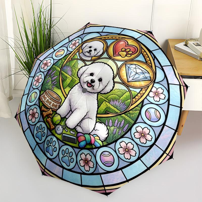 Glass Bichon Frise pattern umbrella, portable and foldable design, 8 ribs, a casual accessory for Halloween, Christmas, and birthday gifts.