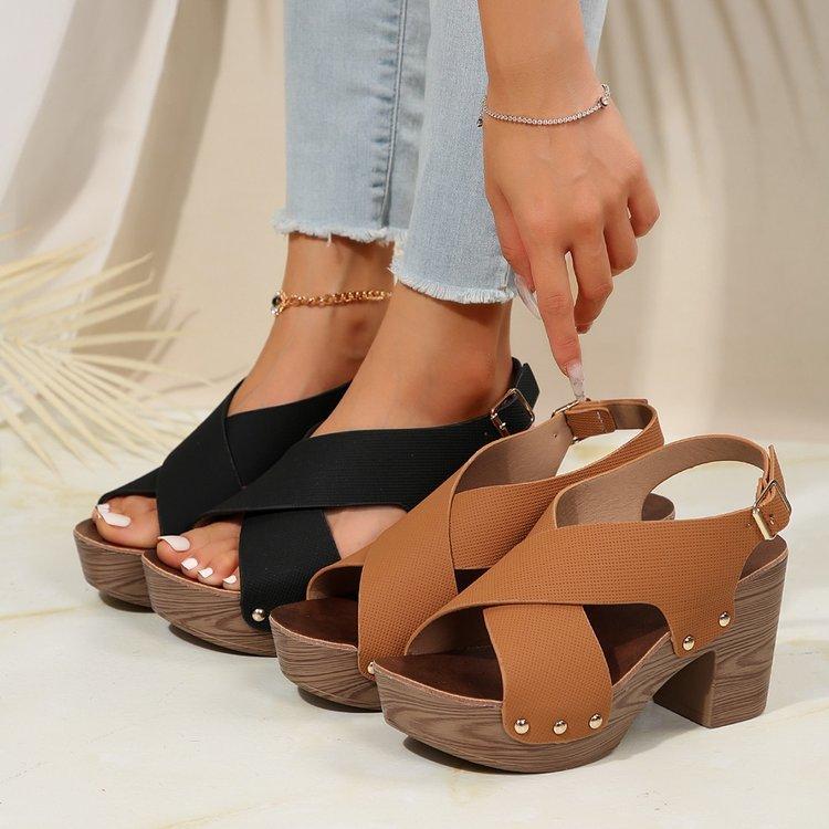 Large Size High-heeled Sandals for Women In Spring and Summer 2025 Simple Thick Heel with Exposed Toe Buckle, Casual Cool Slippers