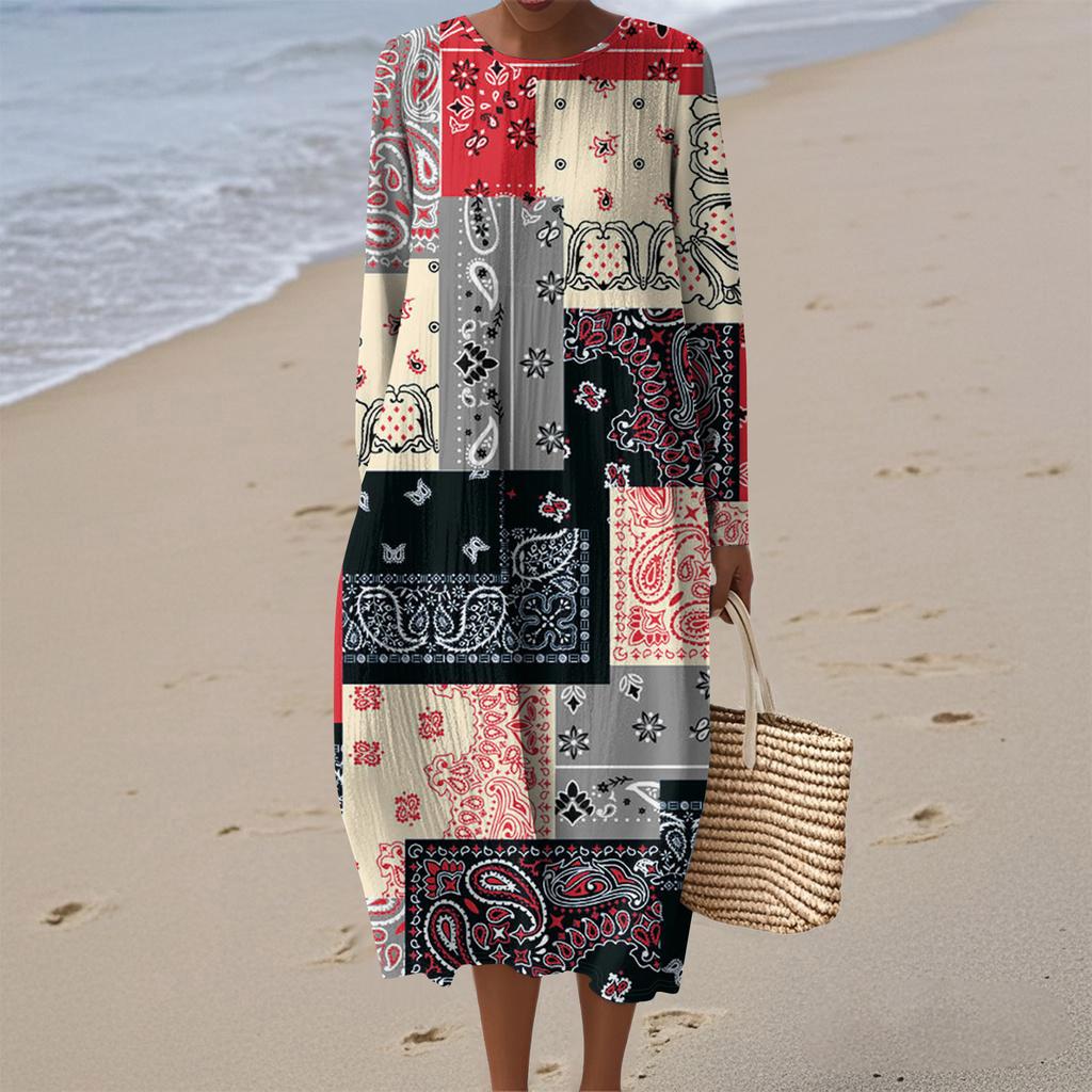 Women's Fashionable Casual Long-Sleeved Round Neck Retro Geometric Print Elegant Dress