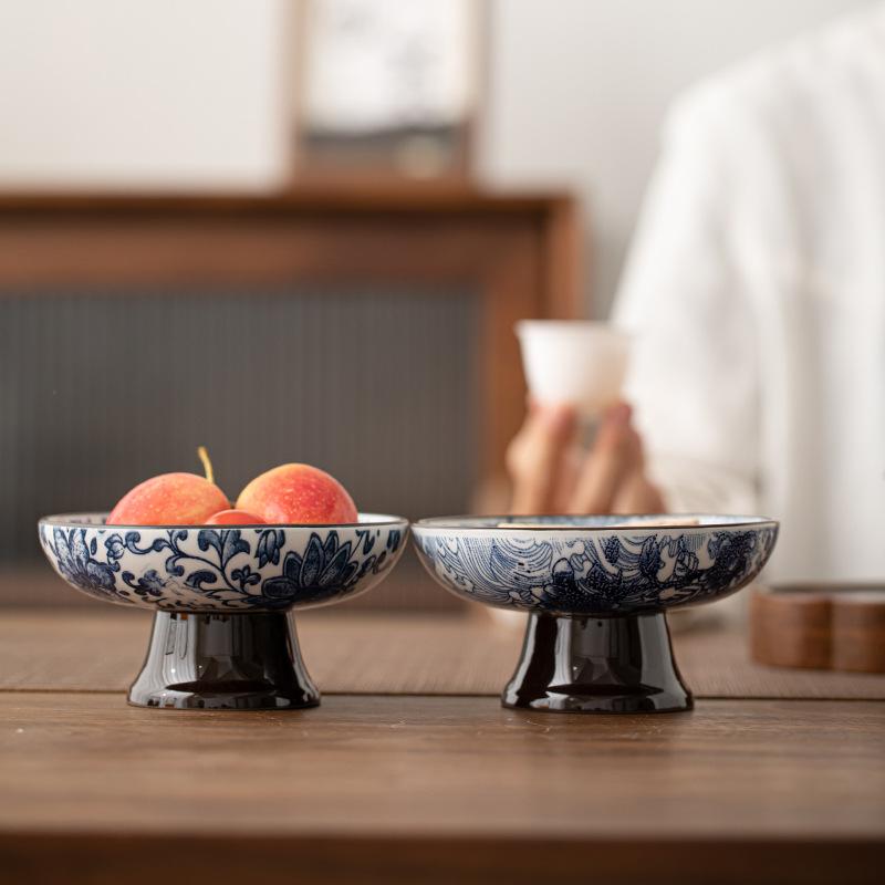 Retro Blue and White Chinese Refreshments Tray Tall Fruit Tray Small Dish Chinese Snacks Snacks Dried Fruit Bowl Ceramic Tray