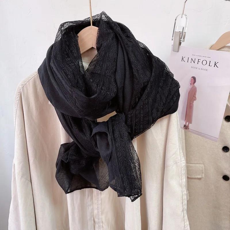 Spring Autumn New Sle Long Lace Splicing Versatile Women'S Scarf Faionable Ne Protection Awl Artistic Cotton Linen Th...