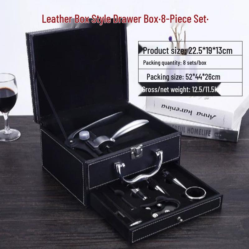 Premium Wine Opener Gift Set: Stainless Steel Pourer, Leather & Wooden Box, Waiter's Knife Corkscrew Barware