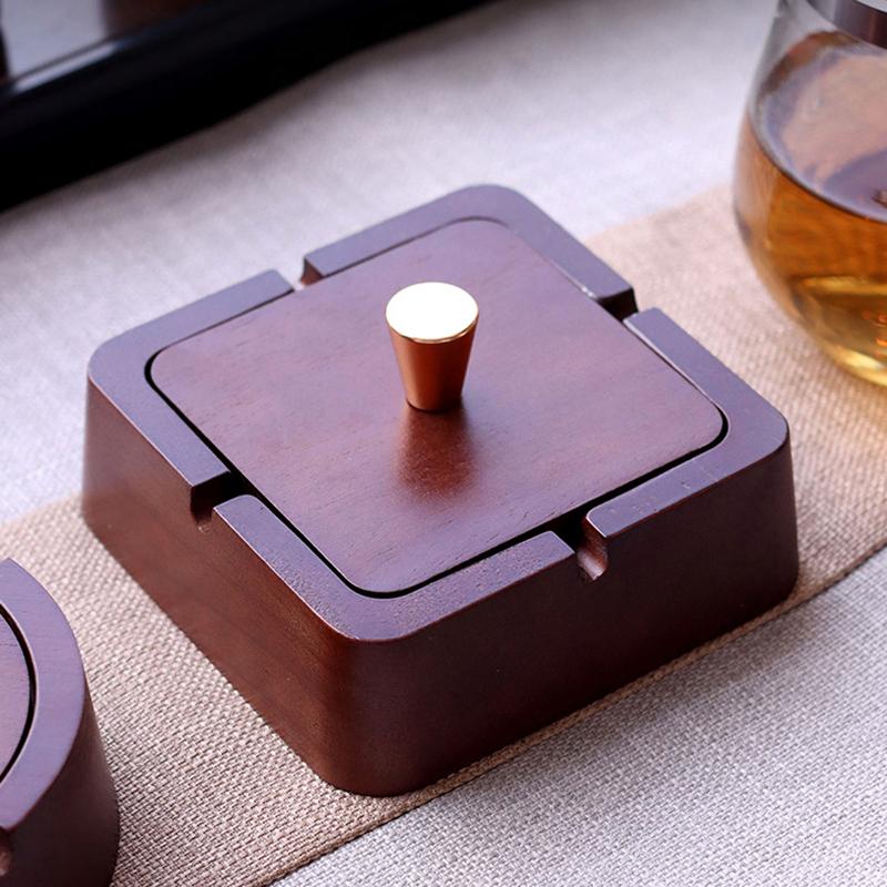 Square / Circle Natural Wood Ashtray With Lid Fireproof Iron Core Compact Size Suitable For Tea Tables And Desks Ash Tray Home