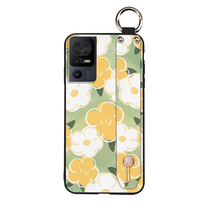 Lanyard Anti-knock Phone Case For TCL 40SE/T610K Dirt-resistant Flower Silicone Protective Ring Oil Painting Shockproof