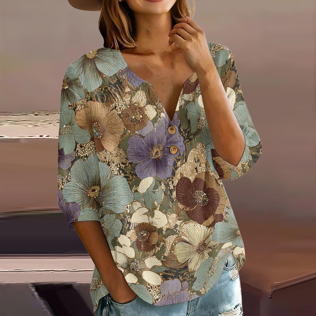 Women Henley Neck Button Front Cotton Linen Shirt with Leaf Print Three Quarter Sleeves Relaxed Fit Blouse Top