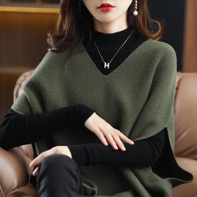 2024 Women's V-Neck Sleeveless Wool Knit Cardigan - Solid Color Batwing Sweater for Autumn
