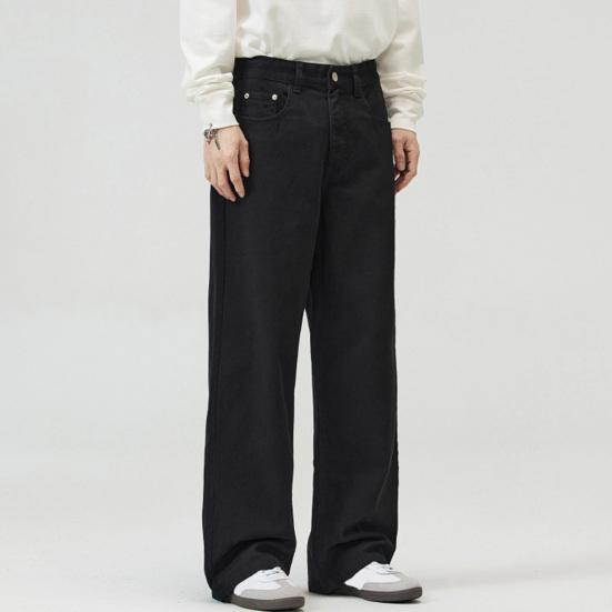 Men Pants Solid Color Straight Wide Leg Retro Style Pants with Pockets Zippered Trousers for Daily Home Streetwear Sports