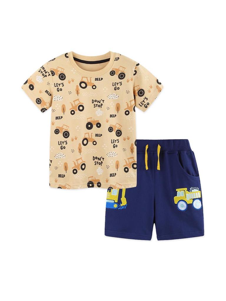 Cartoon Car Print Toddler T-shirt & Shorts Set - European Style, Knit Cotton, Two-Piece