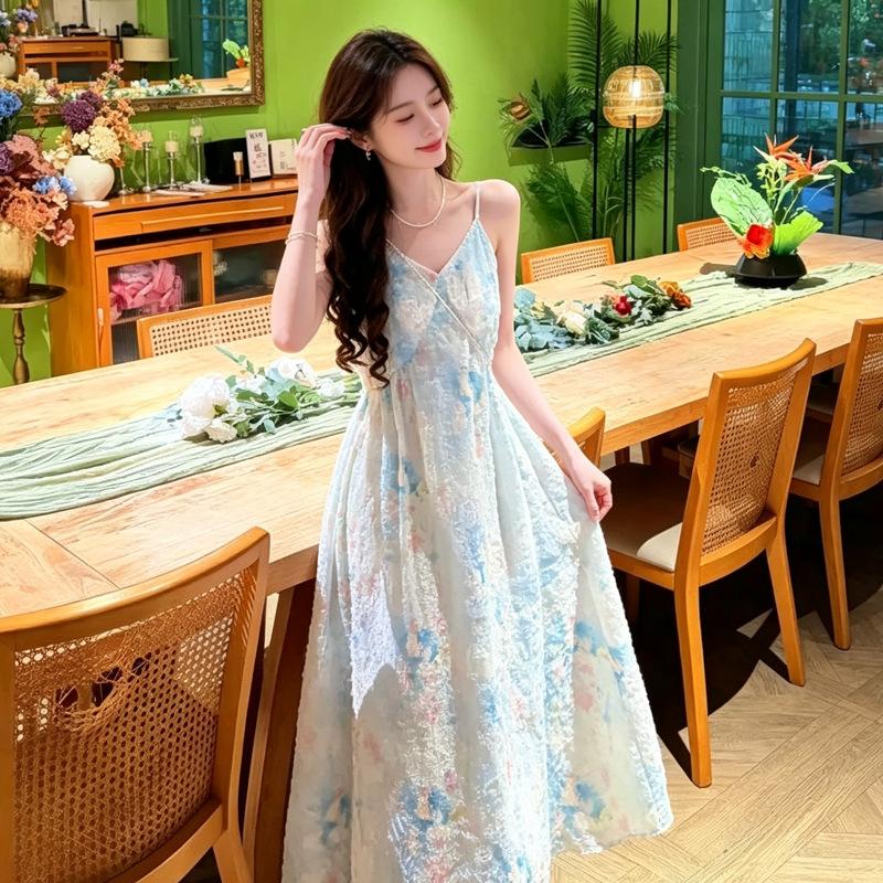 Chiffon suspender floral V-neck dress women's summer senior sense vacation wind dopamine high waist A word long dress word
