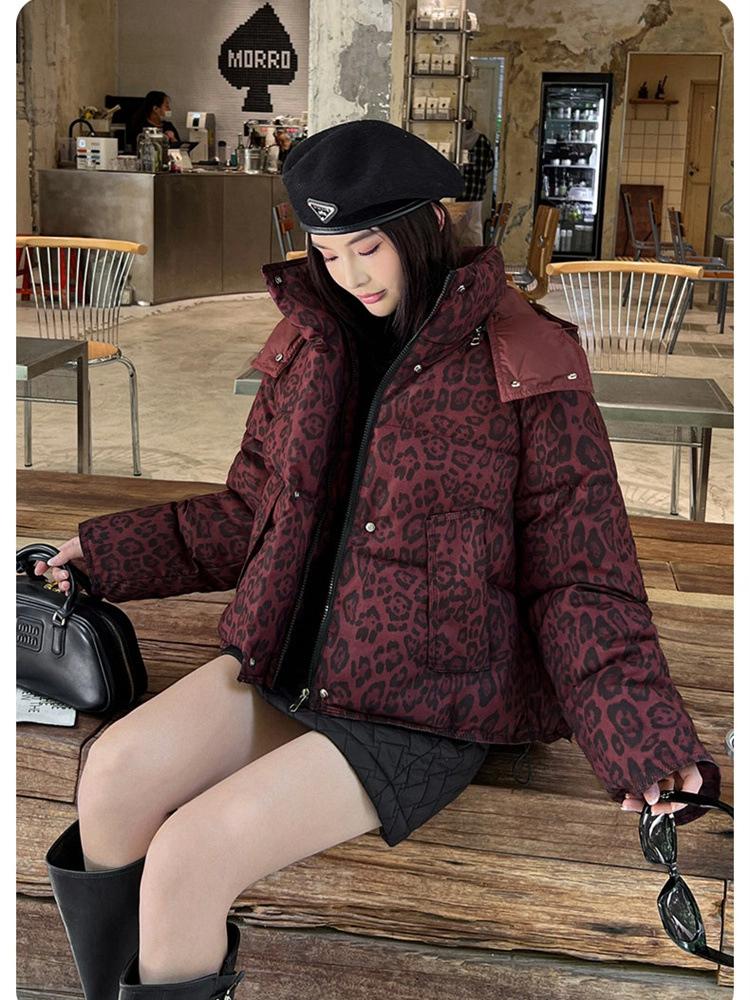 Women's Thickened Short Detachable Hood Leopard Print Jacket
