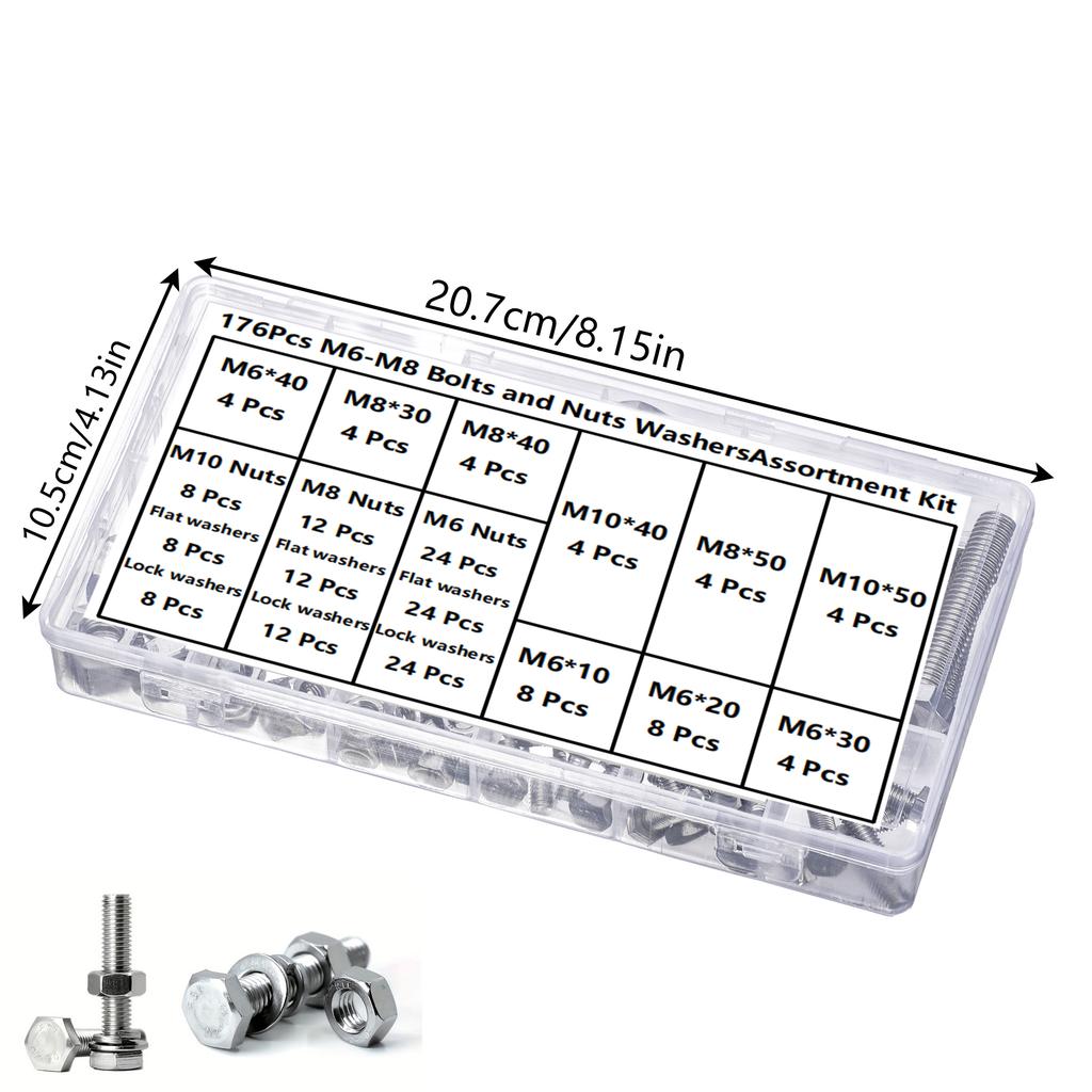 176pcs Stainless Steel M6, M8, M10 Bolts and Nuts Set with Washers - Heavy Duty Industrial Fasteners
