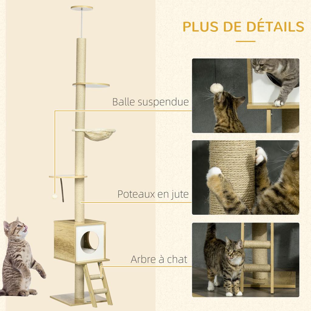 Floor To Ceiling Cat Tree Adjustable Height 225 285 Cm With Scratching Post 4 Levels Nest Hammock Ladder Games Beige