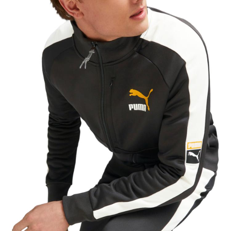 Puma T7 Forward History Track Jacket mit Logo-Print Reißverschluss Stehkragen Langarm Retro Sportjacke Herrenjacke Schwarz 621351-01